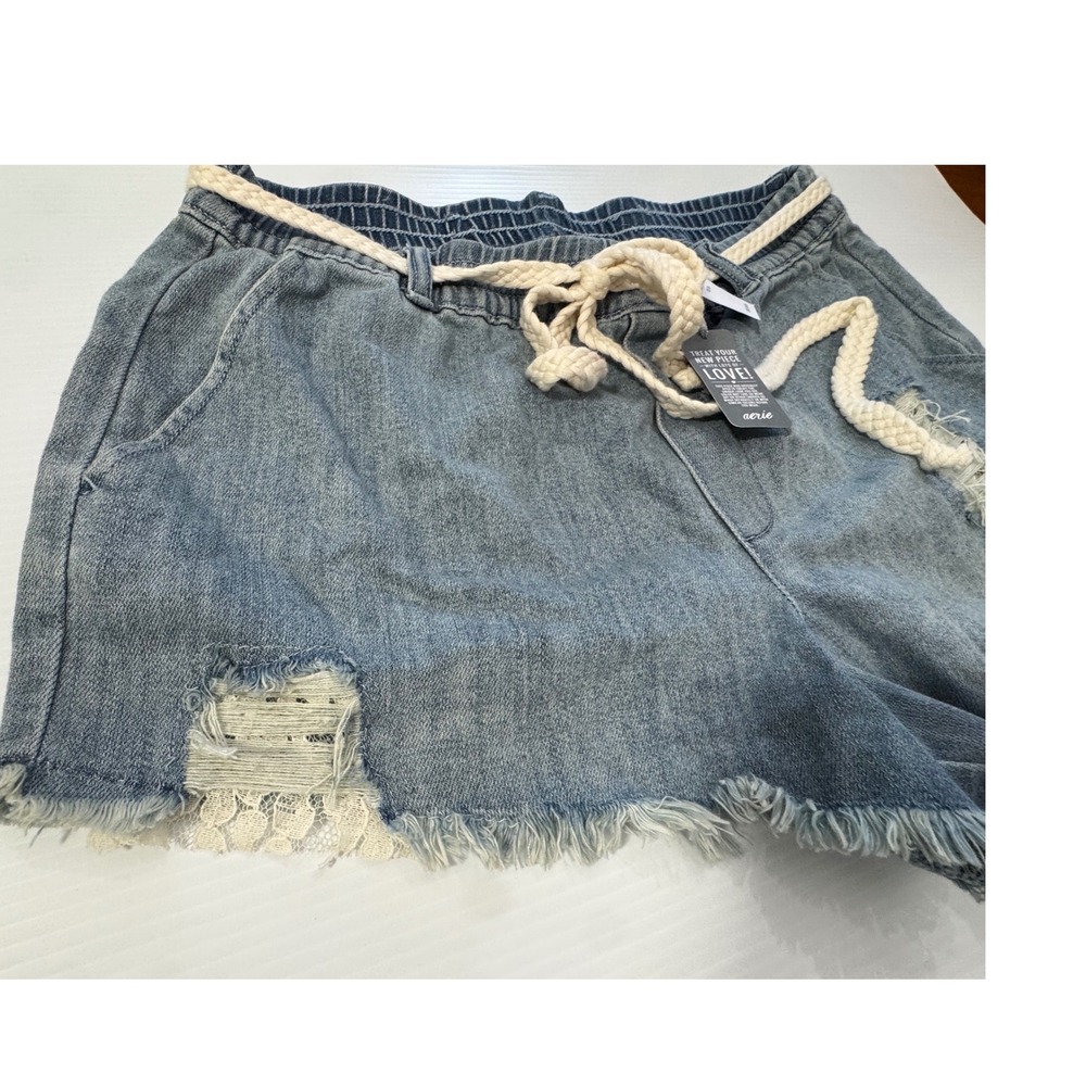 Aerie Distressed Denim Shorts Light Wash Elastic Waist Rope Tie Lace Detail M